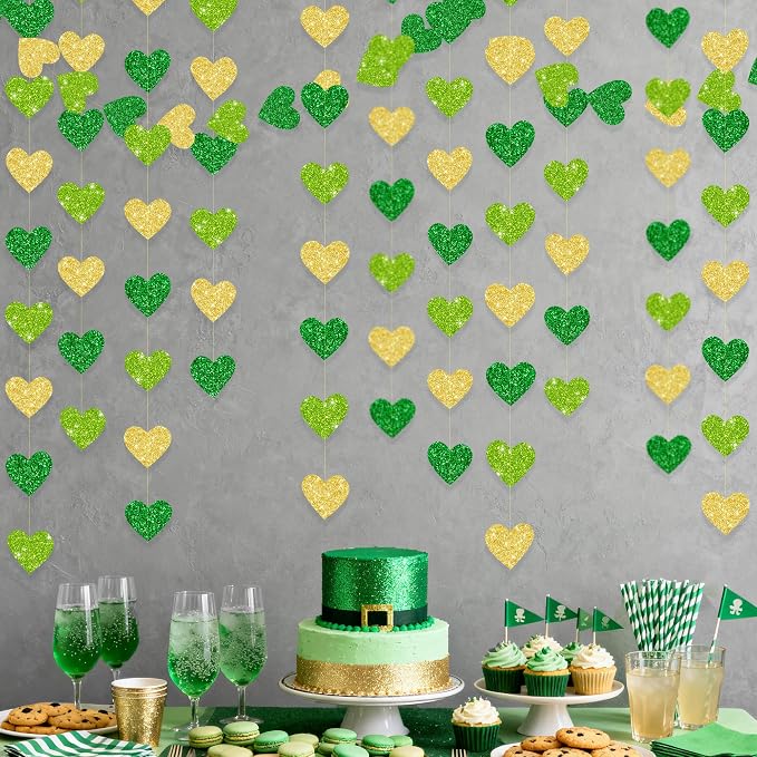 Gold and Green Heart Party Decorations Glitter Paper Love Heart Hanging Banner - Image 7