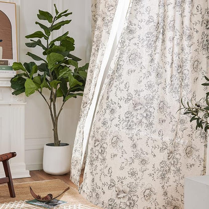 jinchan Black Floral Linen Curtains 90 Inch Vintage Back Tab 2 Panels | Light - Image 5