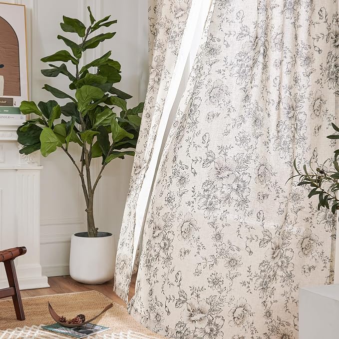 jinchan Black Floral Linen Curtains 84 Inch Farmhouse Back Tab 2 Panels | Light - Image 6
