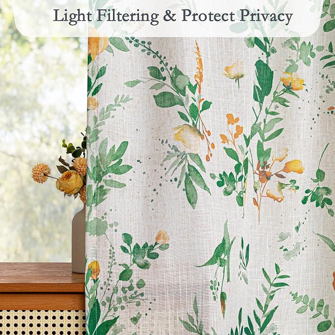 MYSKY HOME Floral Linen Door Curtains Green Farmhouse Privacy Door Window - Image 7