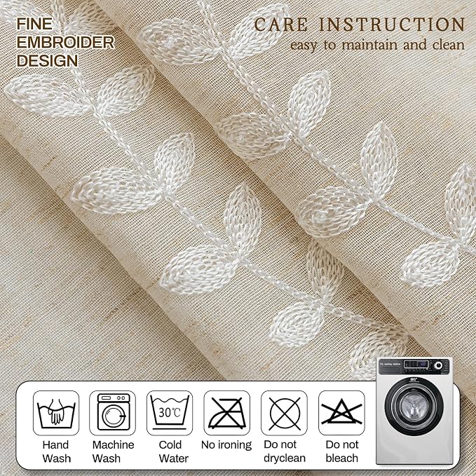 2 Panels Linen Leaf String Floral Embroidered Semi Sheer Curtain Farmhouse - Image 6