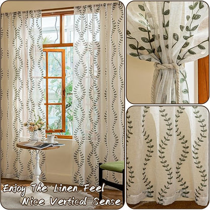 2 Panels Linen Leaf String Floral Embroidered Semi Sheer Curtain Farmhouse - Image 3