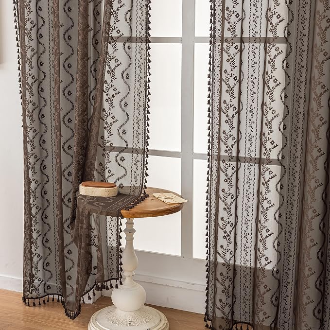 WAZZIO Boho Lace Curtains 2 Panels 84 Inch -Victorian Sheer Panel Drape French - Image 6