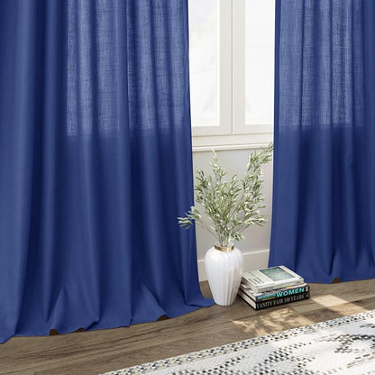 Classic Blue Linen Curtains Semi Sheer 96 Inches Long 2 Panels Set - Image 6