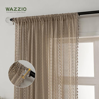 WAZZIO Boho Lace Curtains 72 Inches 2 Panel, Light Filtering Privacy Tassel & - Image 3