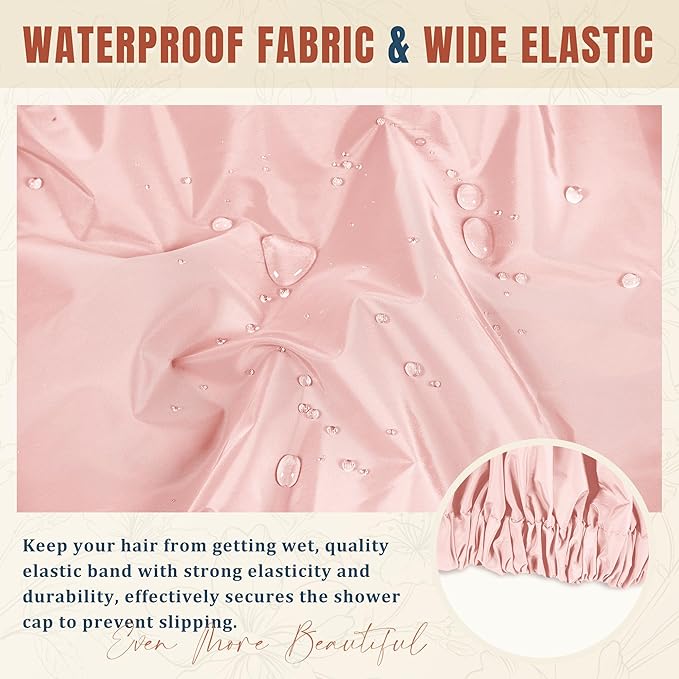 Reusable Shower Cap for Women, Stylish Large Waterproof Shower Bonnet Washable Wide Elastic Band Hair Cap for Long Hair, Braids Bath Hat(Pink)
