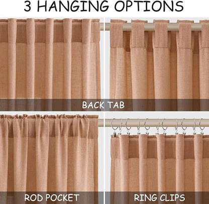 Peach Quartz Linen Curtains 120 Inch Length 2 Panel Set Back Tab Loop Pocket - Image 2