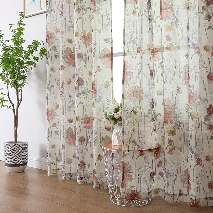 Crushed Semi Sheer Curtains 72 Inches Length 2 Panels, Floral Pattern Design by OWENIE