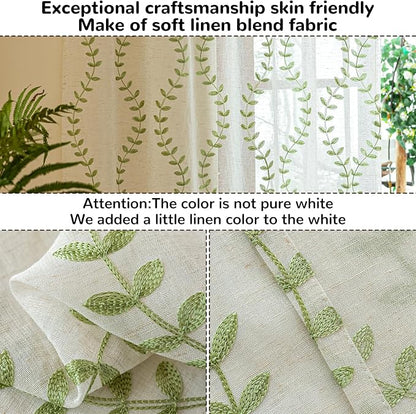 2 Panels Linen Leaf String Floral Embroidered Semi Sheer Curtain Farmhouse - Image 4