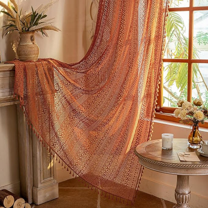 WAZZIO Boho Lace Curtains 84 Inches 2 Panel, Light Filtering Privacy Tassel & - Image 5