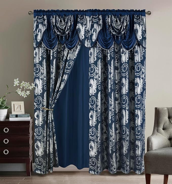 GLORY RUGS Jacquard Luxury Window 2 Panel Set Navy Curtain by GLORYRUGS