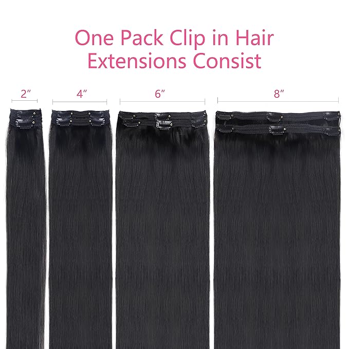 Clip in Hair Extensions Real Human Hair For Women Double Weft Brazilian Virgin Hair Extensions EasiContour Straight Clip Ins 8pcs With 18 Clips Clip on Hair(16inch,#1B)