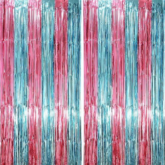 Voircoloria Blue Pink Foil Fringe Backdrop Curtains, 2 Pack | Tinsel Streamers by Voircoloria