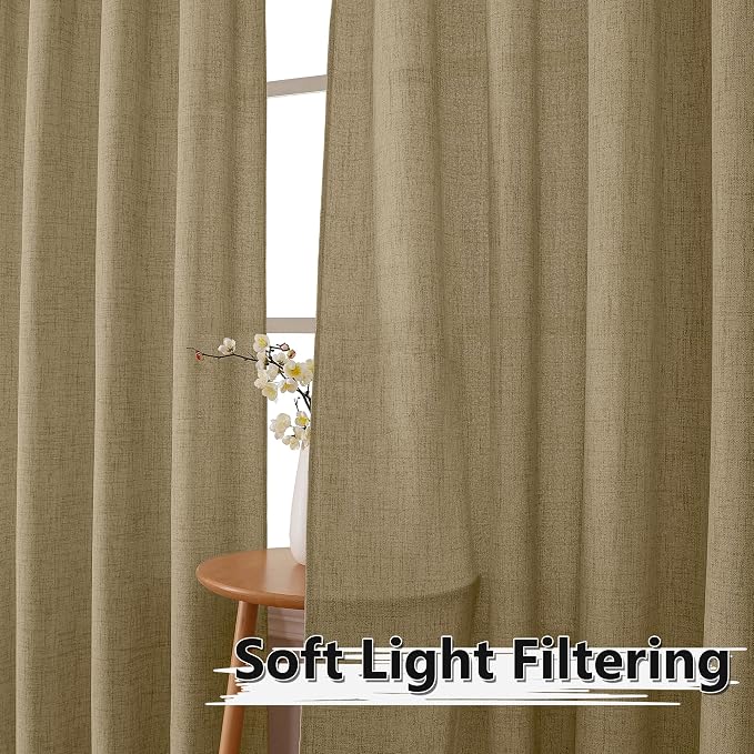 Tollpiz Linen Curtains Bedroom Rod Pocket Semi Sheer Curtain Burlap Light - Image 2