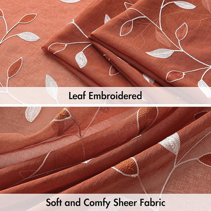 MIULEE Terracotta Sheer Fall Leaf Curtains Burnt Orange 2 Panels 52"x84" | - Image 4