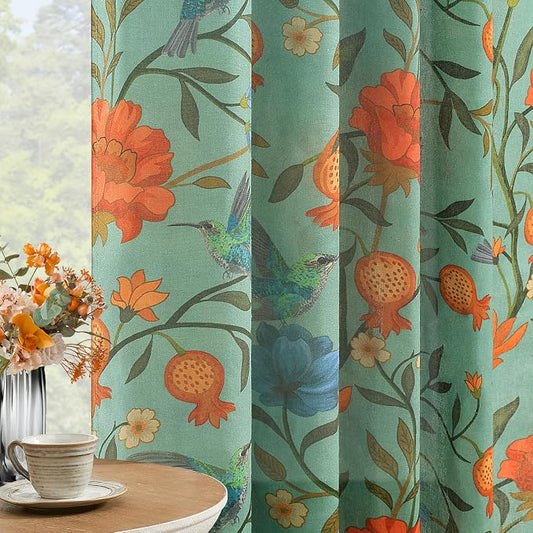 Green Floral Linen Curtains, Boho Whimsical Bird Print Curtains by JOOJA