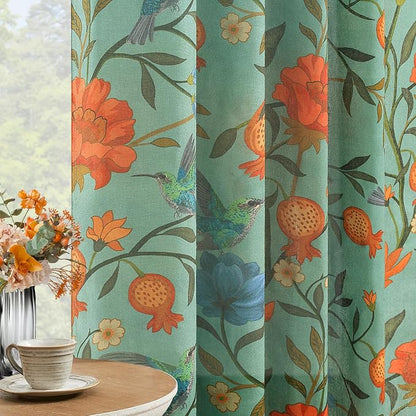 Green Floral Linen Curtains, Boho Whimsical Bird Print Curtains - Image 3