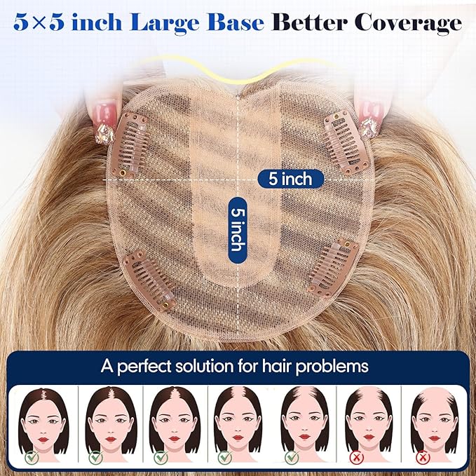 HAIRCUBE Hair Toppers For Women With Thinning 5"*5" Large Base Real Hair Toppers For Women, 14 Inch For Hand-Woven, 60g, Silk, Natural, Realistic, Use Daily, Hairloss, Brown Mixed Blonde, with bangs