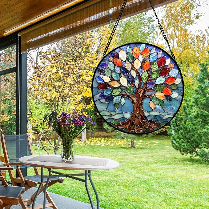 DASTOLL Stained Glass Window Hanging, Colorful Tree of Life Sun Catchers Glass - Image 7
