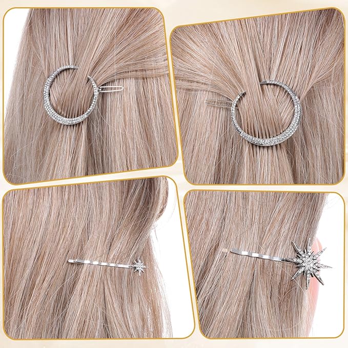 6 PCS Moon Star Hair Clips, Silver Hair Accessories, Vintage Hairs Clips, Silver HairPins, Star Hairs Clip Set for Women
