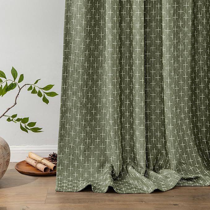 MIULEE Patterned Farmhouse Linen Curtains, Back Tab, Olive Green | Linen - Image 6