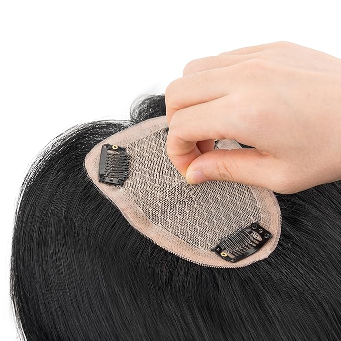 Hairro Human Hair Toppers Free Parted, 3.5x4.7" Base Hand-wovened 100% Real Hairpieces, with Invisible Clips-in for Women, for High Hairline/Adding Volume on Top, 14 Inch Jet Black