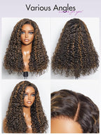LUVME HAIR 22 Inch Highlight Brown Curly Lace Front Wig Human Hair Pre Cut Lace Glueless 5X5 Closure Wig Pre Plucked For Women 180 Density