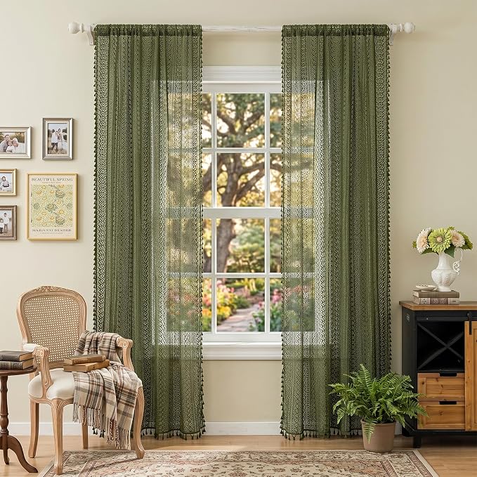WAZZIO Boho Lace Curtains 84 Inches 2 Panel, Light Filtering Privacy Tassel & - Image 4