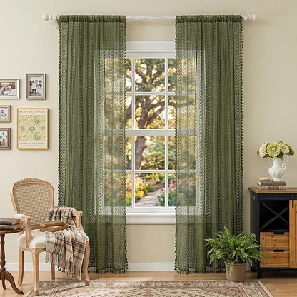WAZZIO Boho Lace Curtains 84 Inches 2 Panel, Light Filtering Privacy Tassel & - Image 4