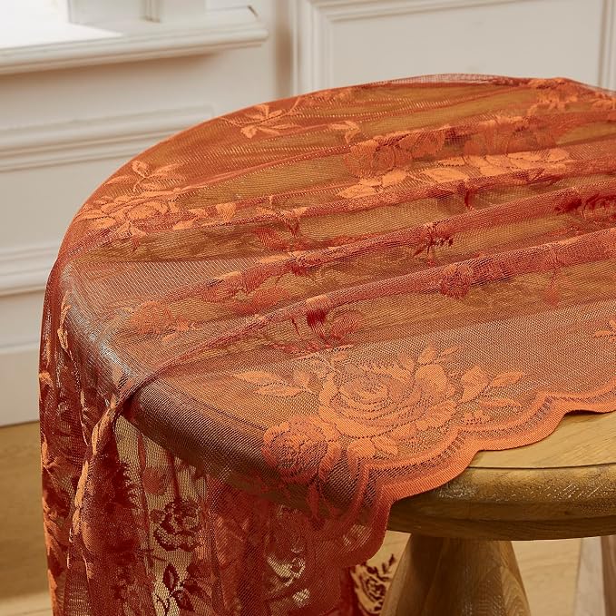 Burnt Orange Lace Curtains 54 Inch Length 2 Panels Country Rustic Floral Sheer - Image 6