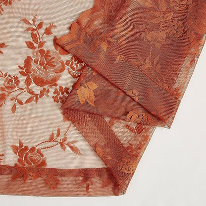 Burnt Orange Lace Curtains 54 Inch Length 2 Panels Country Rustic Floral Sheer - Image 8