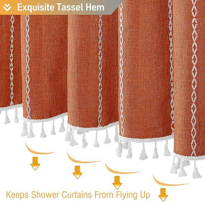Burnt Orange Boho Farmhouse Linen Heavy Duty Shower Curtain Set, 72x72 | 330GSM - Image 6