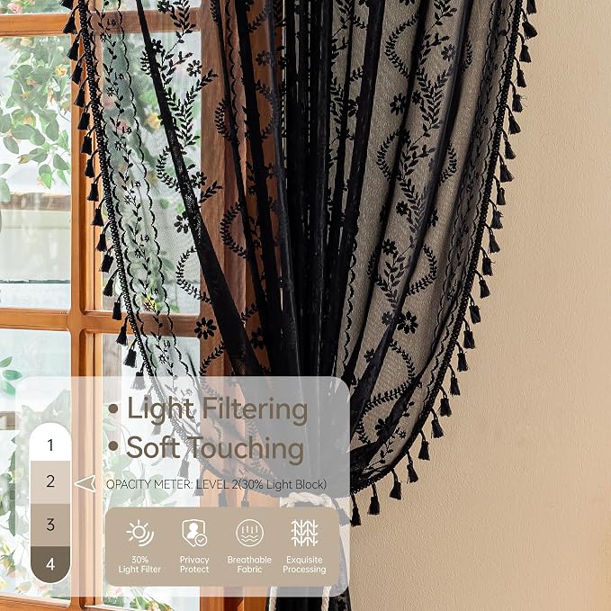 WAZZIO Boho Lace Curtains 63 Inch -Vintage Victorian Sheer Panel Drape Floral - Image 4