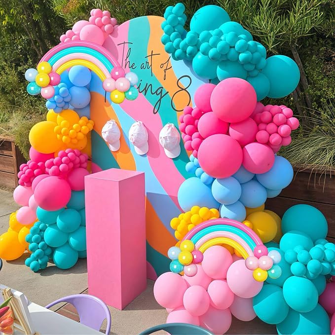 155 Pcs Summer Rainbow Balloons Arch Kit, Hot Pink Teal Blue and Yellow Neon - Image 5