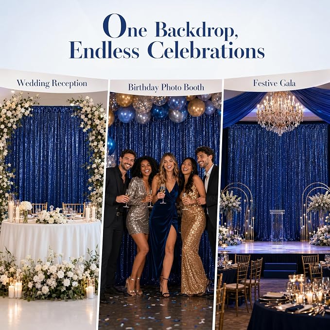 ShinyBeauty Navy Sequin Backdrop Curtains 2 Panels 4x7FT Wedding Party | - Image 4