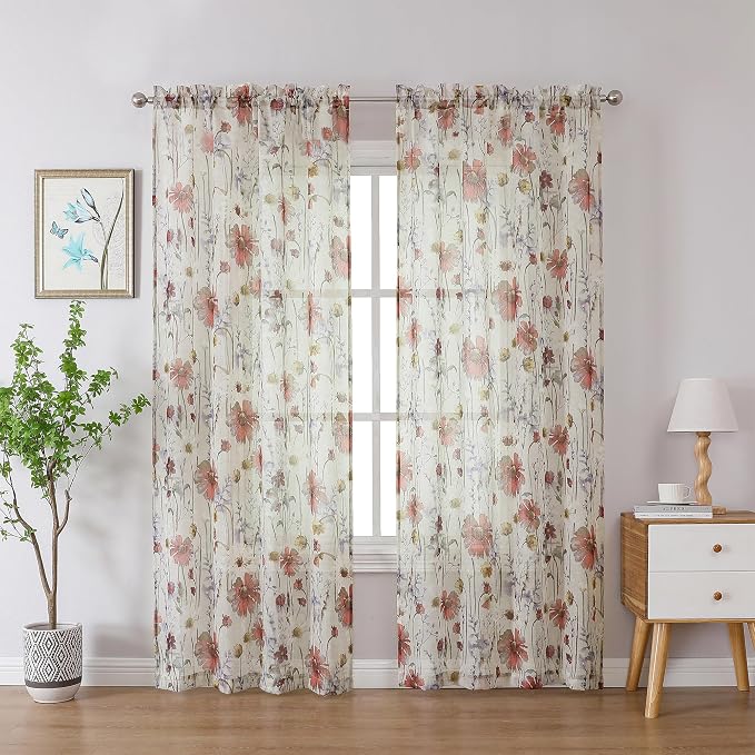 Crushed Semi Sheer Curtains 72 Inches Length 2 Panels, Floral Pattern Design - Image 2