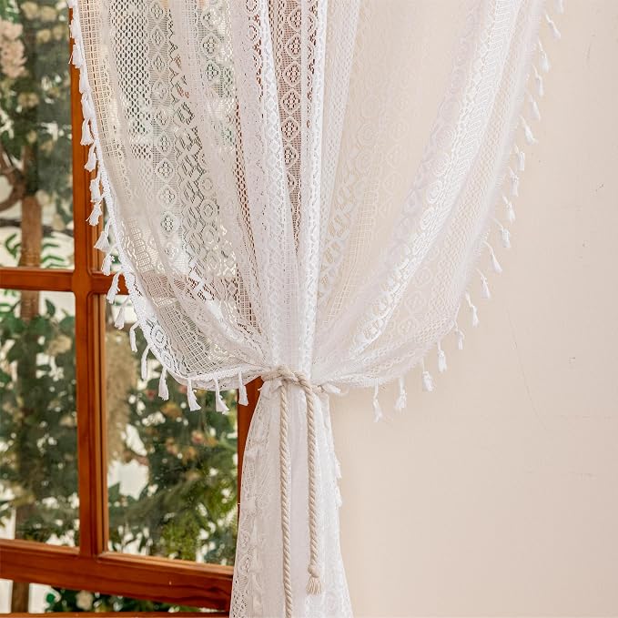 Sutuo Home White Boho Lace Curtains 2 Panels - Image 2