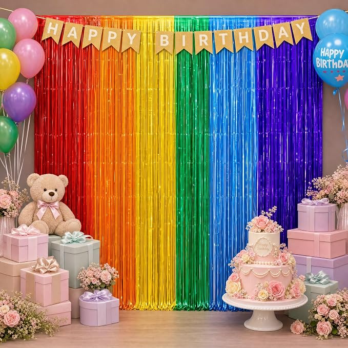 2Pack Rainbow Foil Fringe Curtains Backdrop Decorations, Rainbow Metallic by GCBPartyDecorations