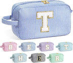 YOOLIFE Teacher Appreciation Gifts for Women - Personalized Birthday Gifts Idea for Women Teacher Best Friend Mom Bridesmaid, Large Initial Blue Makeup Bag, Cosmetic Toiletry Bag Case Make Up Pouch T