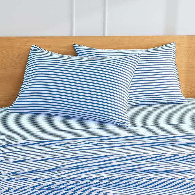 JELLYMONI 100% Natural Cotton Striped King Pillowcases Set, 2 Pack White and Blue Stripes Pattern Printed Pillow Covers with Envelope Closure(Pillows are not Included)