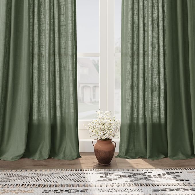Olive Green Linen Blend Semi Sheer Curtains 108 Inches Long x 60 Inches Wide - Image 5
