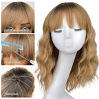 Nnzes Blonde with Light Brown Wig with Bangs for Women Shoulder Length Bob Wavy Charming Synthetic Wigs with Natural Curly Heat Resistant Hair
