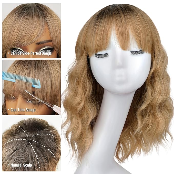 Nnzes Blonde with Light Brown Wig with Bangs for Women Shoulder Length Bob Wavy Charming Synthetic Wigs with Natural Curly Heat Resistant Hair
