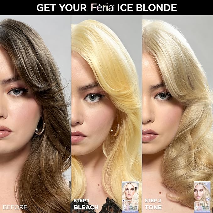 L'Oreal Paris Feria Long-Lasting Anti Brass Power Hair Toner, Ammonia Free Demi Permanent Hair Color, Ice Blonde Hair Toner, 1 Application