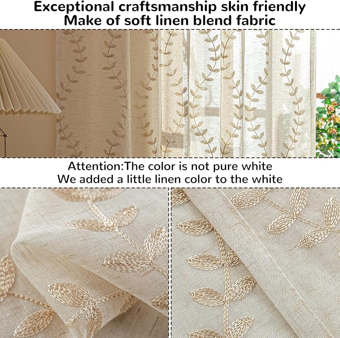 2 Panels Linen Leaf String Floral Embroidered Semi Sheer Curtain Farmhouse - Image 4