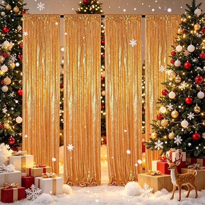 ShinyBeauty Gold Sequin Backdrop Curtains 4 Panels 2x8ft - Image 2