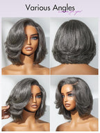 LUVME HAIR Salt & Pepper Layered Bob Glueless Pre-Cut Lace Wig Gray Wigs For Women Short Grey Hair Glueless Bob Wigs Pre Plucked Pre Cut Pixie Cut