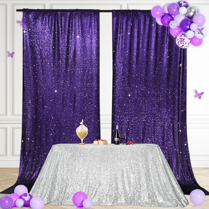 PartyDelight Purple Sequin Backdrop Curtains 5x10ft 2 Sparkly Panels | 4 Inch - Image 4