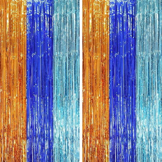 Voircoloria Blue Orange Foil Fringe Backdrop Curtains, 2 Pack | Tinsel Streamers by Voircoloria