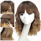 Nnzes Short Wavy Bob Wig with Bangs for Women Shoulder Length Curly Ombre Brown Blonde Synthetic Heat-Resistant Fiber Hair for Daily & Party Use